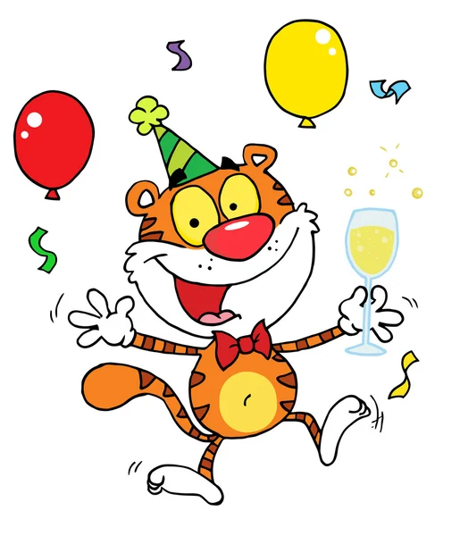 Happy Party Tiger Character With Champagne — Stock Photo, Image