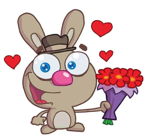 Conejo gris romántico sosteniendo las flores —  Fotos de Stock