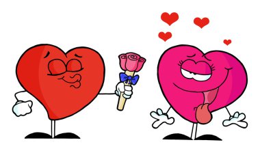 Male Heart Giving Roses To Female Heart clipart
