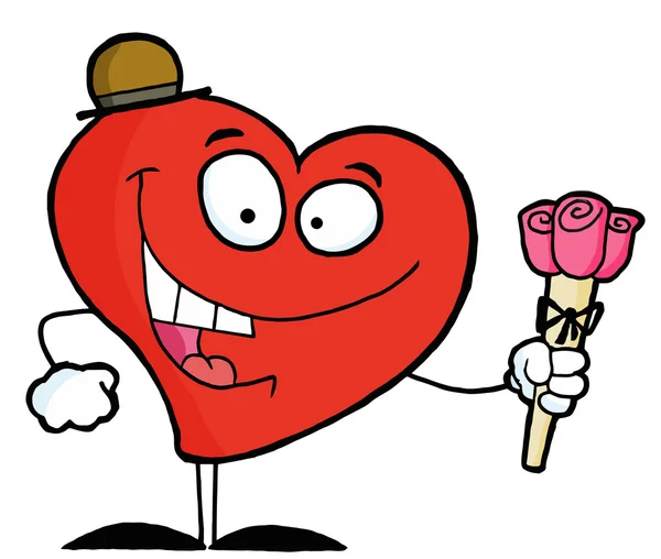 Czerwone serce szczęśliwy trzyma róż — Zdjęcie stockowe