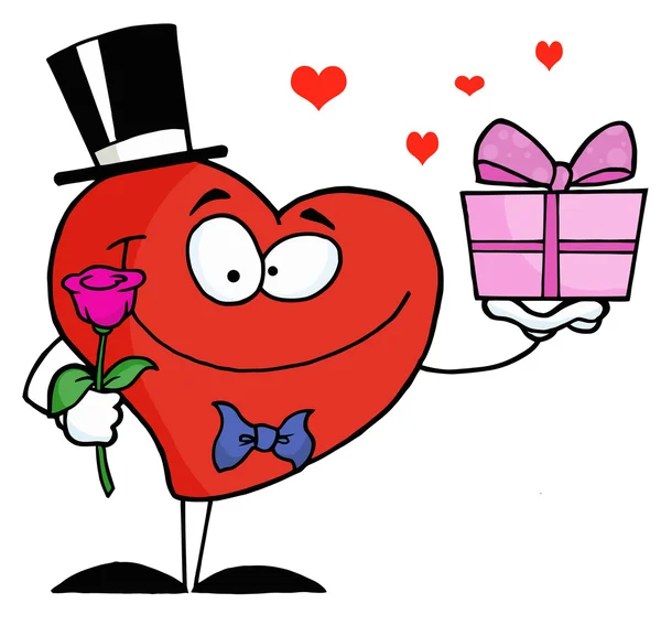 Gentleman hjärtat håller en enda ros och en gåva — Stockfoto