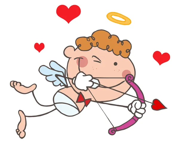 Stick Cupido cerrando un ojo mientras apunta su flecha — Foto de Stock