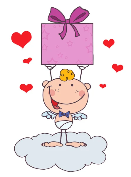 Cupido de palo de dibujos animados con regalo y corazones — Foto de Stock