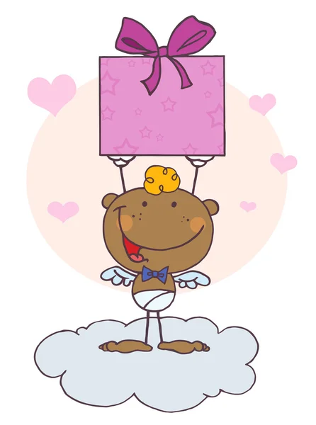 Black Stick Cupid Holding Up A Gift On A Cloud — Stock Photo, Image