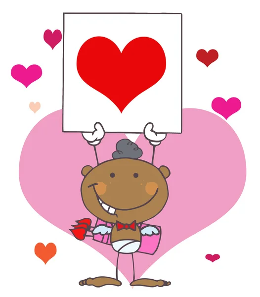 Fumetto bastone afroamericano Cupido con Banner Cuore — Foto Stock