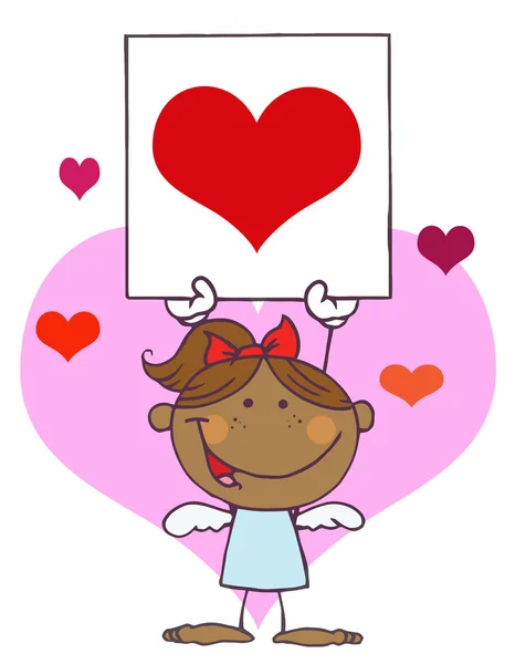 Spansktalande tjej cupid har en skylt med rött hjärta — Stockfoto