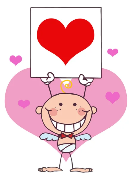 Kreslený stick Amor s transparentem, srdce — Stock fotografie