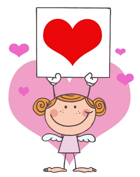Amor dívka hůl drží červené srdce sig — Stock fotografie