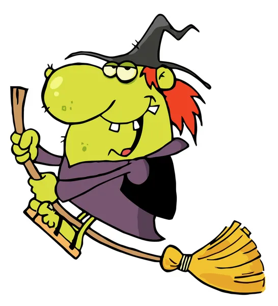 Happy Witch Rides Broom — Stock Photo, Image