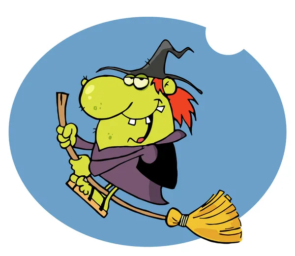 Happy Witch Rides Broom In Night — Stock Photo, Image