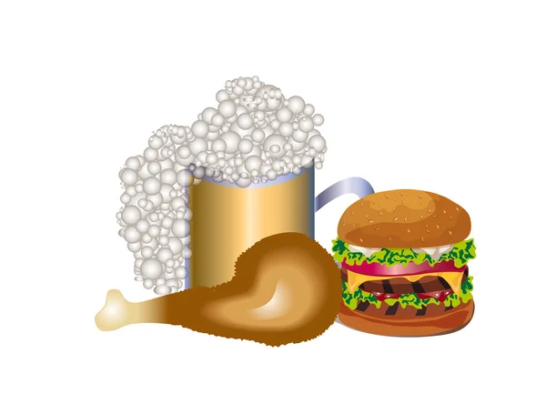 Cerveja, hambúrguer e perna de frango — Fotografia de Stock