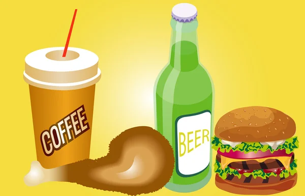 Café, cerveja, hambúrguer e perna de frango — Fotografia de Stock