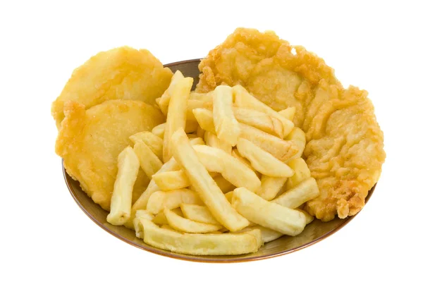 Vis, chips en Aardappel koeken — Stockfoto