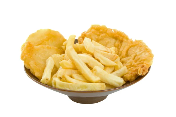 Fisk, chips och potatisbullar — Stockfoto