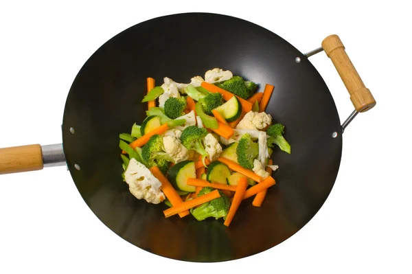 Verduras frescas en wok Imagen de archivo