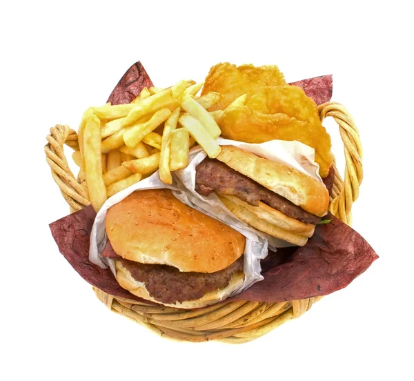 Hamburgare pommes frites och potatisbullar — Stockfoto