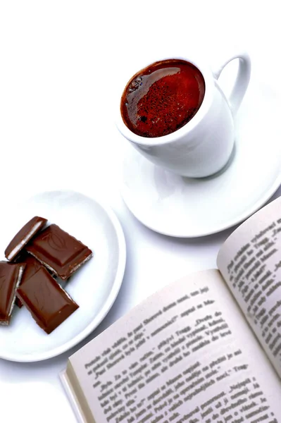 Tasse, Schokolade, Buch — Stockfoto