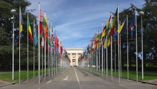 Rijen van vlaggen bij de ingang van de VN in Genève — Stockfoto