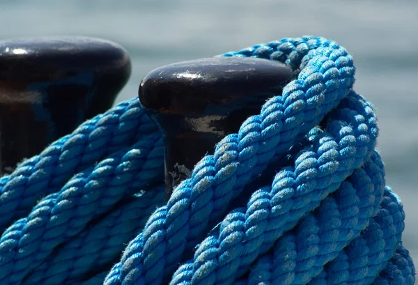 stock image Black bollards and blue rope