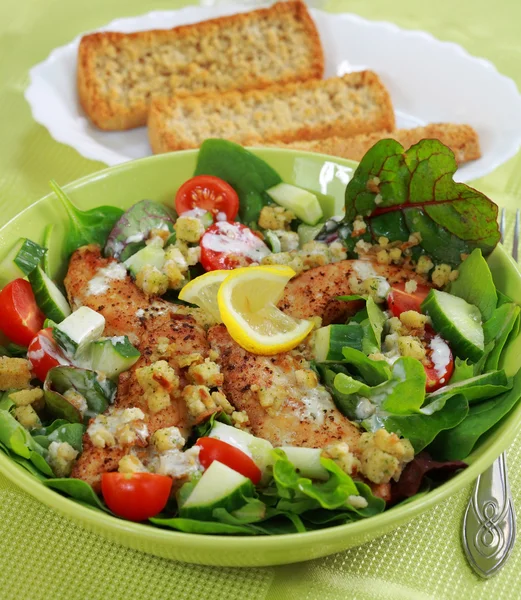 Yeşil salata tavuk şeritler ile — Stok fotoğraf