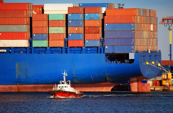 Nave container gigante e piccolo rimorchiatore — Foto Stock