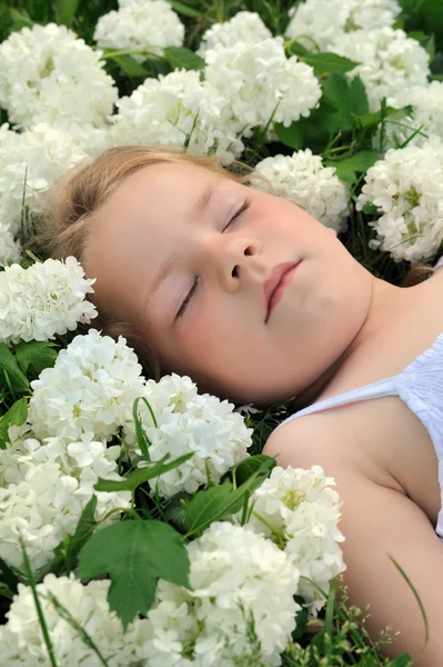 Klein meisje leggen in bloemen - snowball — Stockfoto