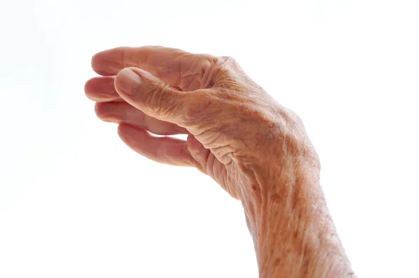 Ανώτερος γυναίκα - χέρι που απομονώνονται σε λευκό — Φωτογραφία Αρχείου
