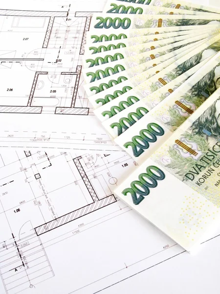 Pengar - tjeckiska kronor och planer — Stockfoto