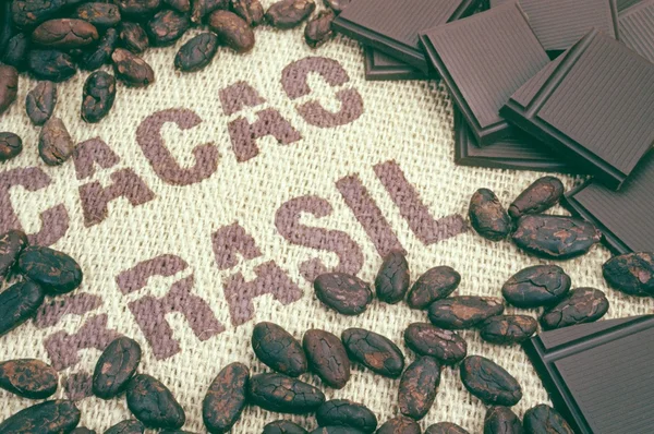 Boabe de cacao și hessian — Fotografie, imagine de stoc