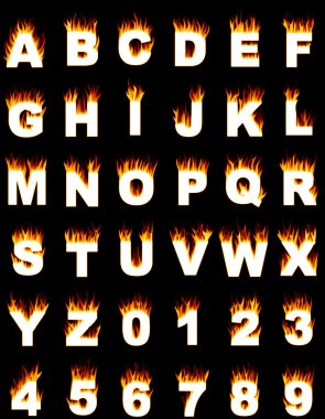Alphabet and numbers with flame effect clipart