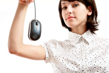 Computer mouse hunted by young woman clipart