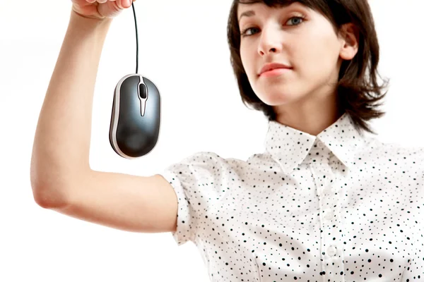 Computer mouse hunted by young woman — Stock Photo, Image
