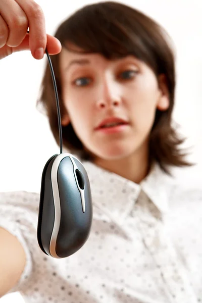 Girl affraid of computer mouse — Stock Photo, Image