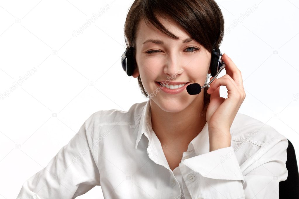 Winking woman operator with headset