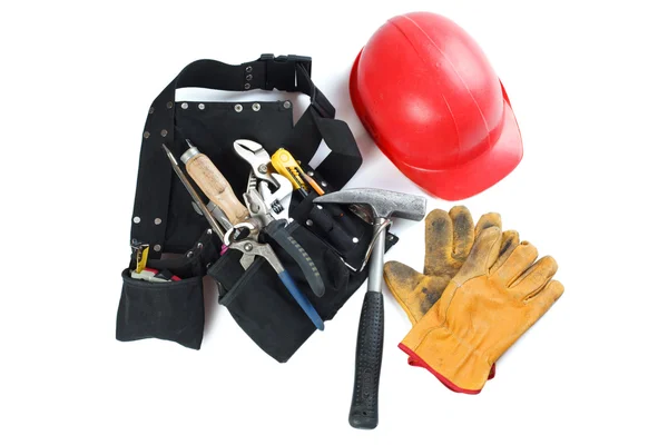Werkzeuge Gürtel, Helm und Lederhandschuh — Stockfoto