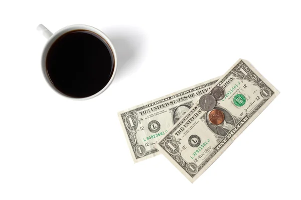 Top shot of coffee cup with money — Stock Photo, Image