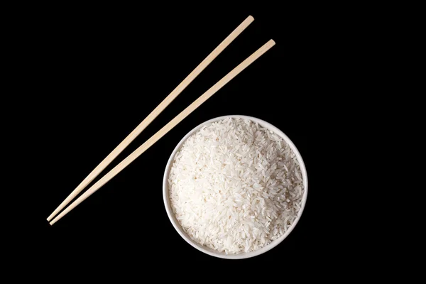 Biały ryż w misce i pałeczki — Zdjęcie stockowe