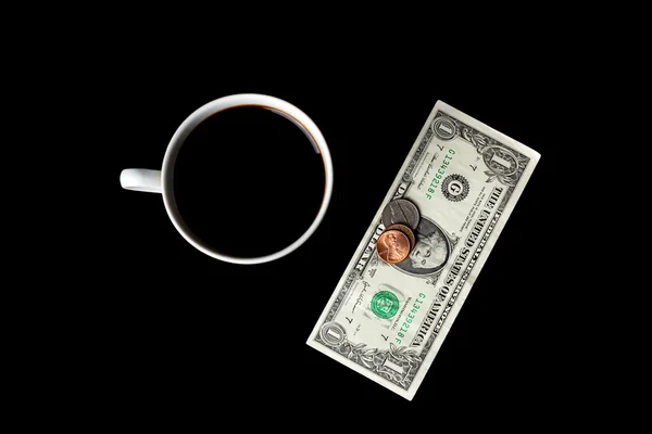 Vista dall'alto di tazza di caffè e denaro — Foto Stock
