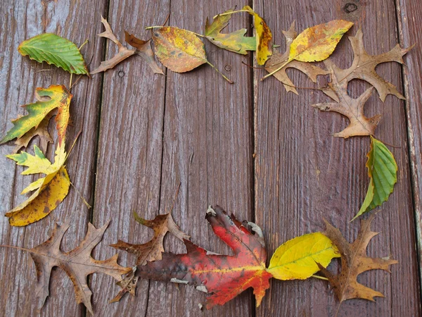 Herbstblätter rahmen an Deck ein — Stockfoto