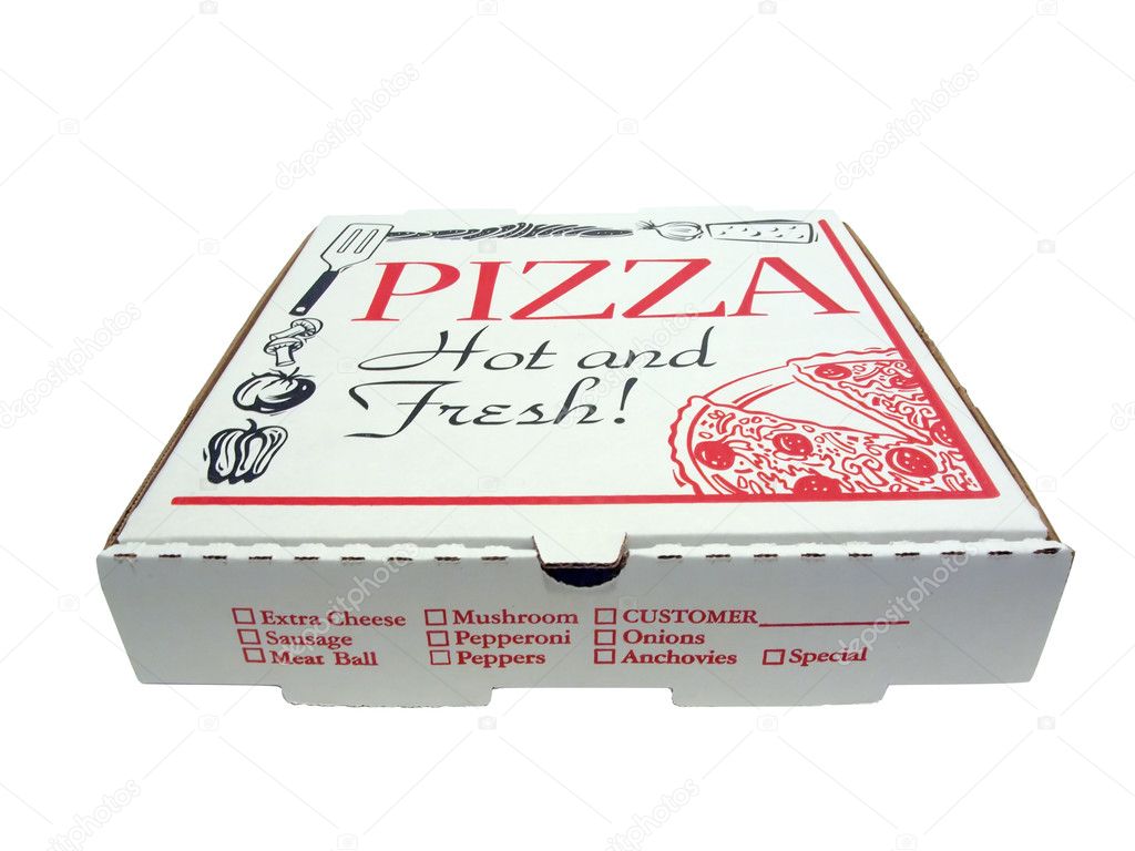 A pizza box hot and fresh on an isolated background Stock Photo
