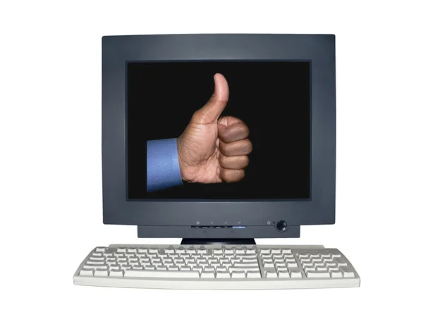 孤立的计算机显示器与现场竖起大拇指 — 图库照片