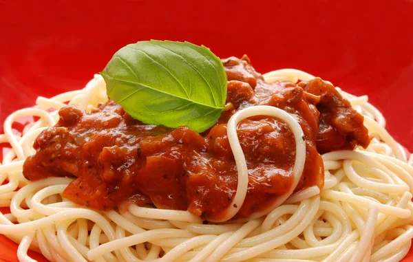 Detalj av spaghetti med sås — Stockfoto