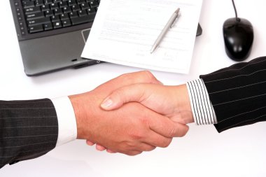 Man and woman shaking hands in front of