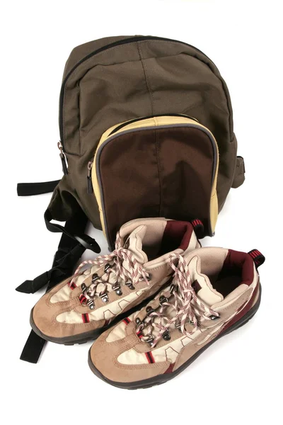 Rucksack and boots for excursion — Stock Photo, Image