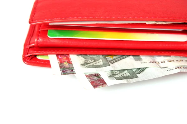 Κόκκινο πορτοφόλι με χρήματα — Φωτογραφία Αρχείου
