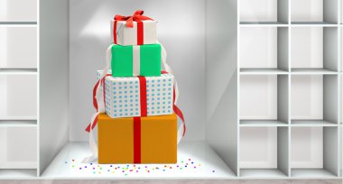 Christmas boxes in the shelf clipart