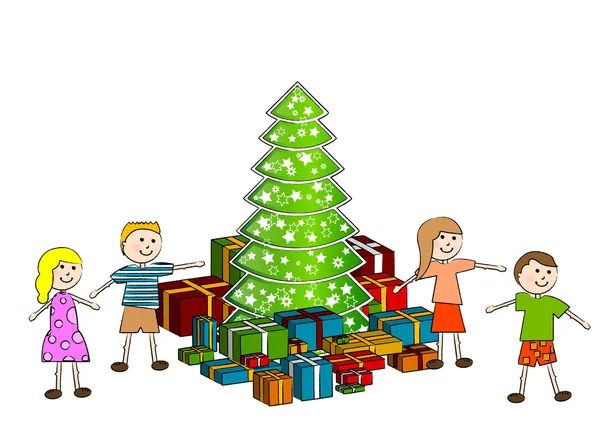 Niños con árbol de Navidad — Archivo Imágenes Vectoriales