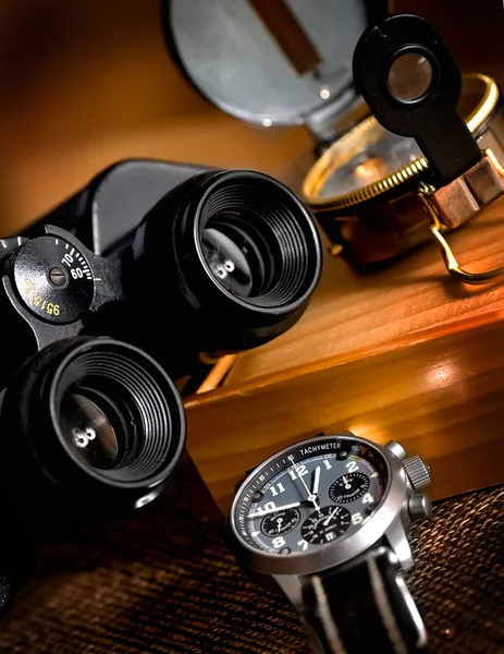 Chronograph, compas and map — Stock Photo, Image