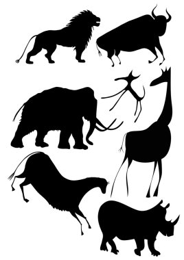 Various animals a la cave painting clipart