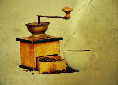 Coffee mill and cup of hot black coffee clipart